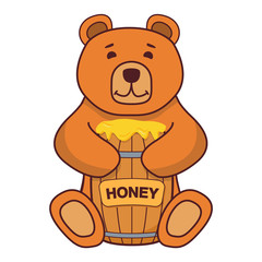 Brown bear  . Flat illustration vector . A concept for children's books.Cartoon character animal.Wooden barrel.Baby toy icon bear cub.