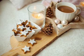 Christmas home decor in pink colors. Mug of hot cocoa, cookies, candle.