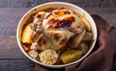 Chicken with orange. Traditional festive food for Christmas or Thanksgiving