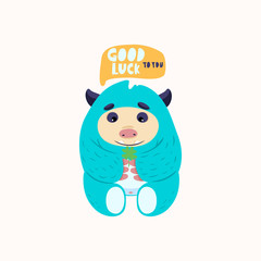 Good luck to you. Cute yeti or bigfoot. Hand drawn vector greeting card. Flat design. Eps 10.