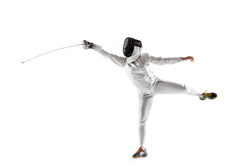 Teen girl in fencing costume with sword in hand isolated on white studio background. Young female...