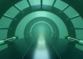 Futuristic modern tunnel in green fog 3D render
