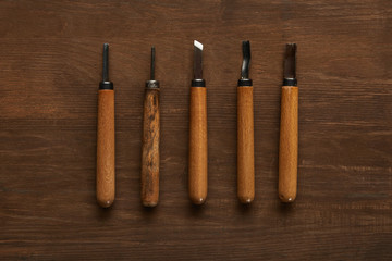top view of carpentry tools on wooden table