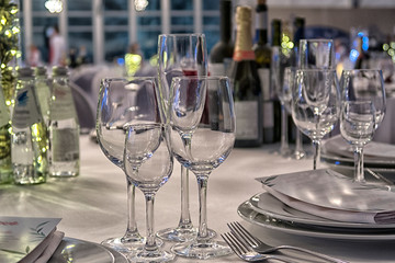 Christmas And New Year Holiday Table Setting with Champagne.