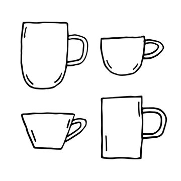 Coffee, tea cups vector doodle clipart, set of elements. Hand drawn cups, mugs. Hot drinks. Dishes.