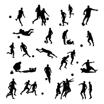 Silhouettes of football players, goalkeeper kicking ball and running . Black and white vector illustration of soccer icons