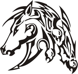 Tribal peaked horse head with falcon elements. A long abstract horse mane created by soaring eagle symbols. Black on White