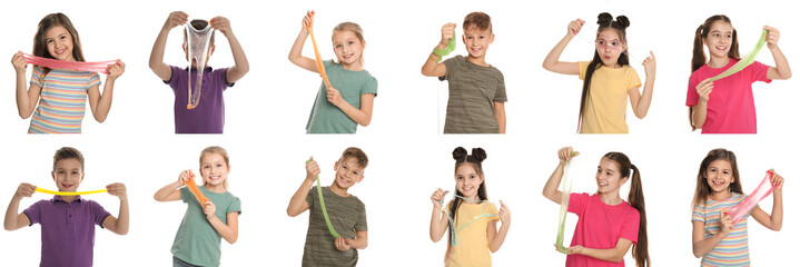 Collage of children with different slimes on white background