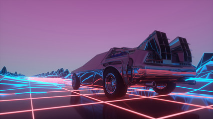 Retro futuristic car in 80s style moves on a virtual neon landscape. 3d illustration © Laricha