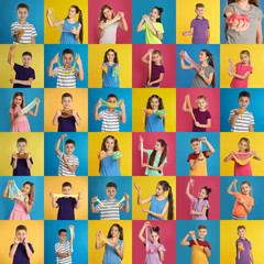 Collage of children with different slimes on color backgrounds