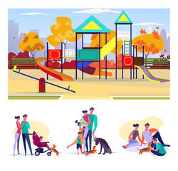 Playground flat vector illustration set. Parents spending leisure time with kids and pets, walking outside. Family concept
