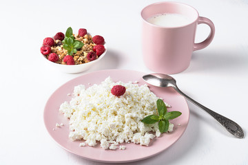 Fototapeta na wymiar Cottage cheese in a pink plate, muesli and milk isolated on a white background
