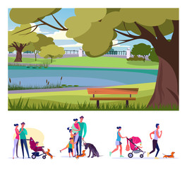 Walk in park flat vector illustration set. Parents, walking with children and pets, man jogging with dog. Weekend, leisure, walking outside concept
