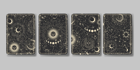Vector illustration set of moon phases. Different stages of moonlight activity in vintage engraving style. Zodiac Signs © chikovnaya