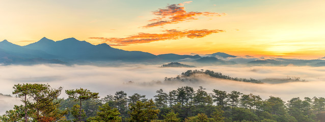 Beautiful panorama landscape of foggy mountain and forest at sunrise
