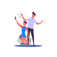 Cheerful couple making selfie on rock. Selfie photo, travel, lifestyle flat vector illustration. Friendship, family, love, happiness and lifestyle concepts for banner, website, landing page
