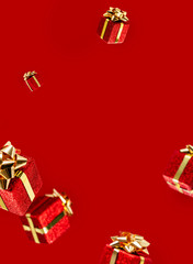 Gifts are flying in the air on a red background. Sale. Levitation concept. Christmas layout with copy space.