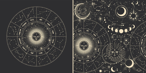 Vector illustration set of moon phases. Different stages of moonlight activity in vintage engraving style. Zodiac Signs © chikovnaya