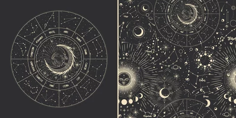 Foto op Canvas Vector illustration set of moon phases. Different stages of moonlight activity in vintage engraving style. Zodiac Signs © chikovnaya