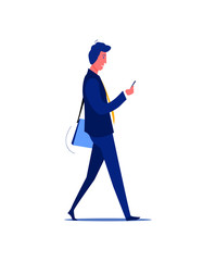 Busy workaholic in suit with smartphone. Busy person flat vector illustration. Active life style, work, business concept for banner, website design or landing web page.