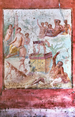 Ancient fresco in a house in Pompeii, Pompeii destroyed by the eruption of Vesuvius in 79 BC