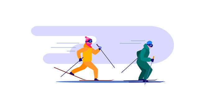 Older Couple Skiing. People Spending Time Together Flat Vector Illustration. Leisure Activity, Hobby Concept For Banner, Website Design Or Landing Web Page.