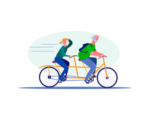 Two people riding tandem bike. People spending time together flat vector illustration. Leisure activity, hobby concept for banner, website design or landing web page.
