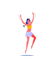 Naklejka na ściany i meble Very excited lady in shorts. Casual free person flat vector illustration. Leisure activity, hobby concept for banner, website design or landing web page.