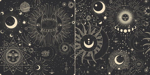 Vector illustration set of moon phases. Different stages of moonlight activity in vintage engraving style. Zodiac Signs © chikovnaya