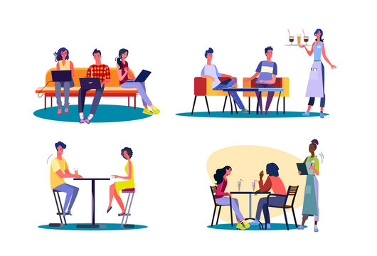 Meeting with friends set. Group of friends spending time together in bar or cafe. Flat vector illustrations. Friendship, communication concept for banner, website design or landing web page