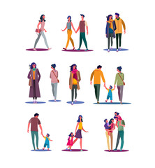 Walking people set. Men, women, couples, parents with kids walking. Flat vector illustrations. Moving, people outside concept for banner, website design or landing web page - obrazy, fototapety, plakaty