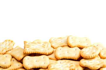 Group of crackers on white background - close up. Selective focus.