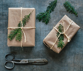Gift packages wrapped with kraft paper tied with a rope