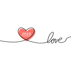 Happy New Year 2020 with glitch Heart in continuous drawing lines in a flat style in continuous drawing lines. The work of flat design. Symbol of love and tenderness