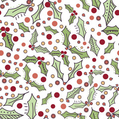 Holly Leaves and Berries on white background, scattered non directional repeat vector surface pattern design