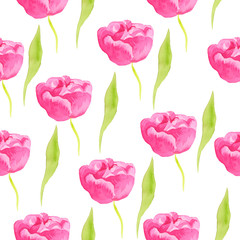A watercolor seamless pattern with pink tulips and green leaves. Spring print on a white isolated background. Design for wallpaper, wrapping paper, packaging, textiles, cards,wedding.