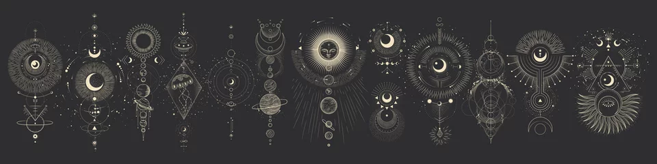 Foto op Plexiglas Vector illustration set of moon phases. Different stages of moonlight activity in vintage engraving style. Zodiac Signs © chikovnaya