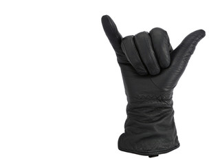 Hand in black leather glove makes shaka or calling gesture, isolated on a white background. Copy space