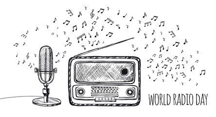 World Radio Day. Retro microphone sketch. Hand drawn illustration. Vector. 