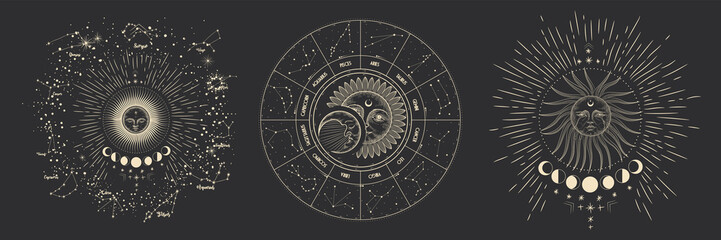 Vector illustration set of moon phases. Different stages of moonlight activity in vintage engraving style. Zodiac Signs