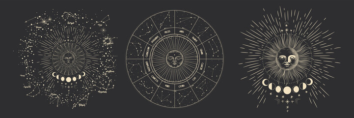 Vector illustration set of moon phases. Different stages of moonlight activity in vintage engraving style. Zodiac Signs