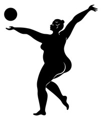 Fototapeta na wymiar Gymnastics Silhouette of a girl with a ball. The woman is overweight, a large body. The girl is a full figure. Vector illustration