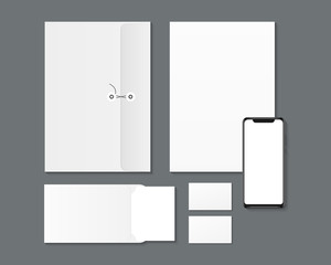 Corporate branding identity design. Business stationery set template. Blank smartphone, paper, envelopes, business cards mockup. Vector template for business and branding identity.