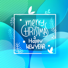 Merry Christmas greeting card. White frame with colorful abstract geometric background.