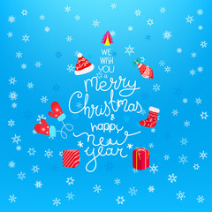 Christmas card with lettering inscription. Logo and snowflakes