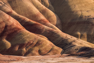 Detail of the arid, wavy and colorful landscape of Painted Hills