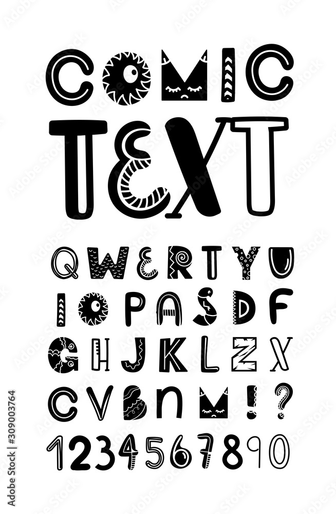 Poster set of vector letters and digits cartoon style. comic alphabet template for a