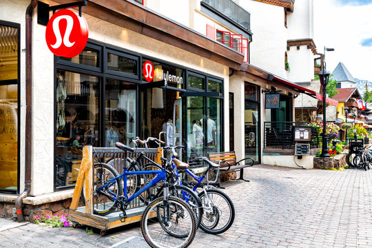 Vail, USA - June 29, 2019: Vacation Ski Resort Town Village In Colorado With Lululemon Shop Store On Gore Creek Drive