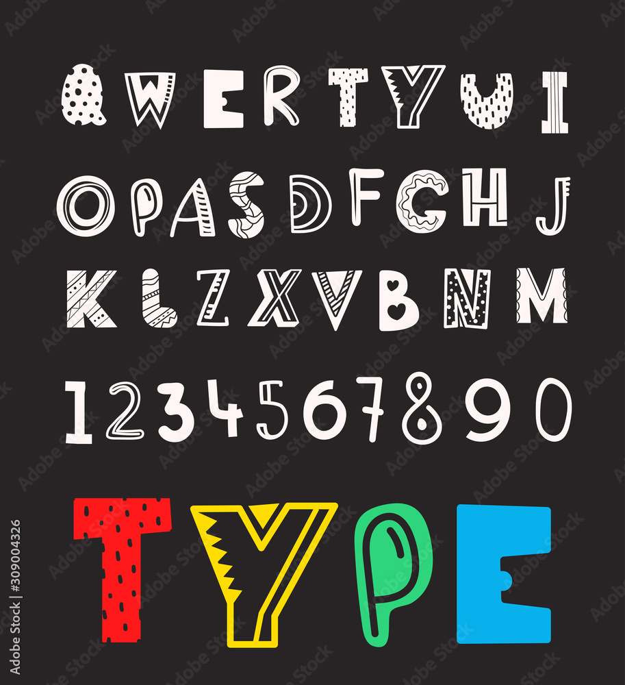 Poster set of vector letters and digits cartoon style. comic alphabet template for a