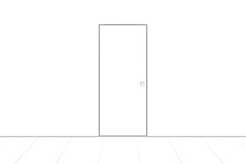 Sketch of an empty interior with a door and tiled floor. Front view. 3d illustration